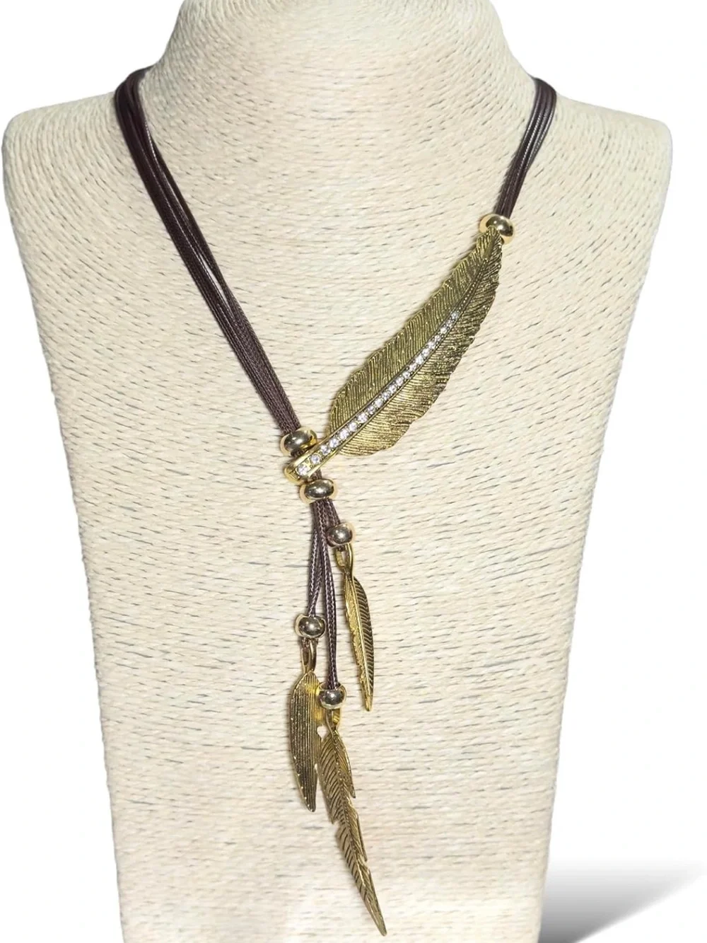 Bohemian Gold Feather Pendant Necklace with Brown Cord